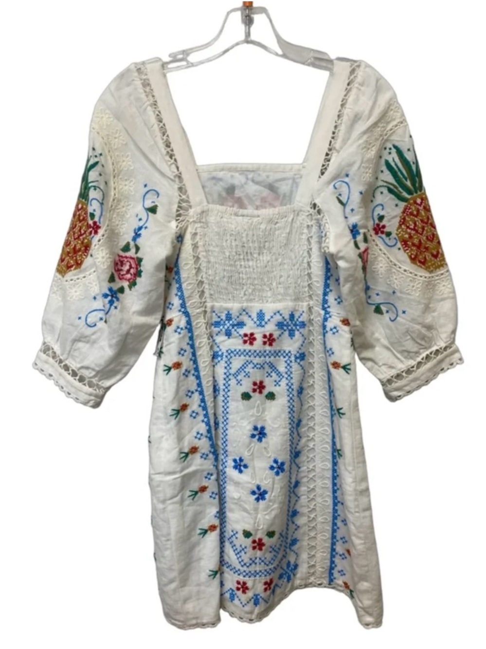 FARM Rio White Embroidered Mini Dress with Blue, Pink, Gold Accents - Picture 3 of 6